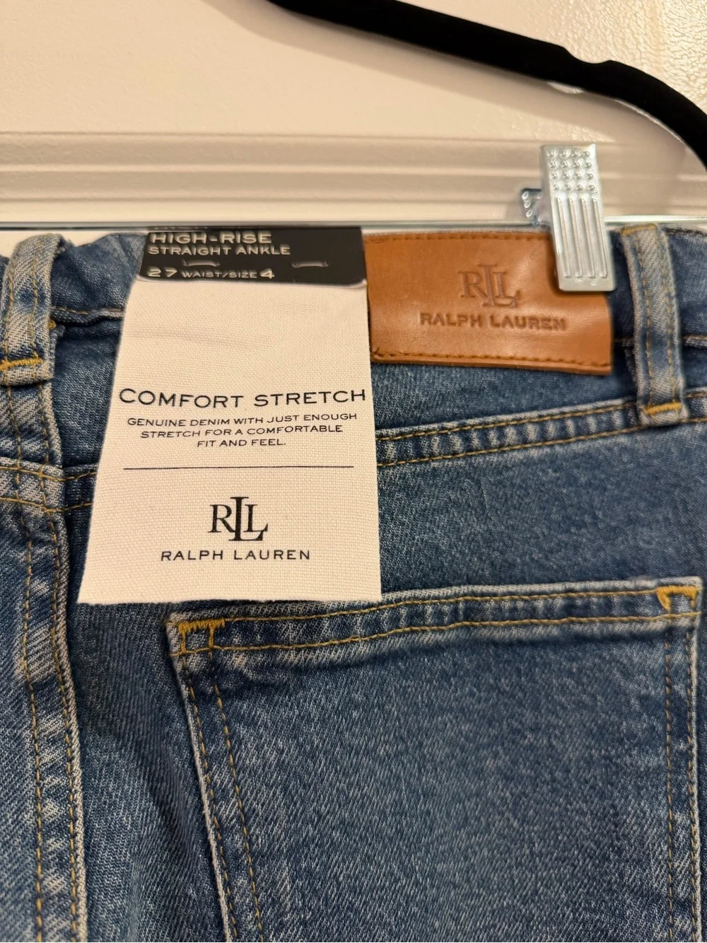 NWT Ralph Lauren Denim High-Rise Straight Jeans in Blue with Gold Stitching - Picture 4 of 5
